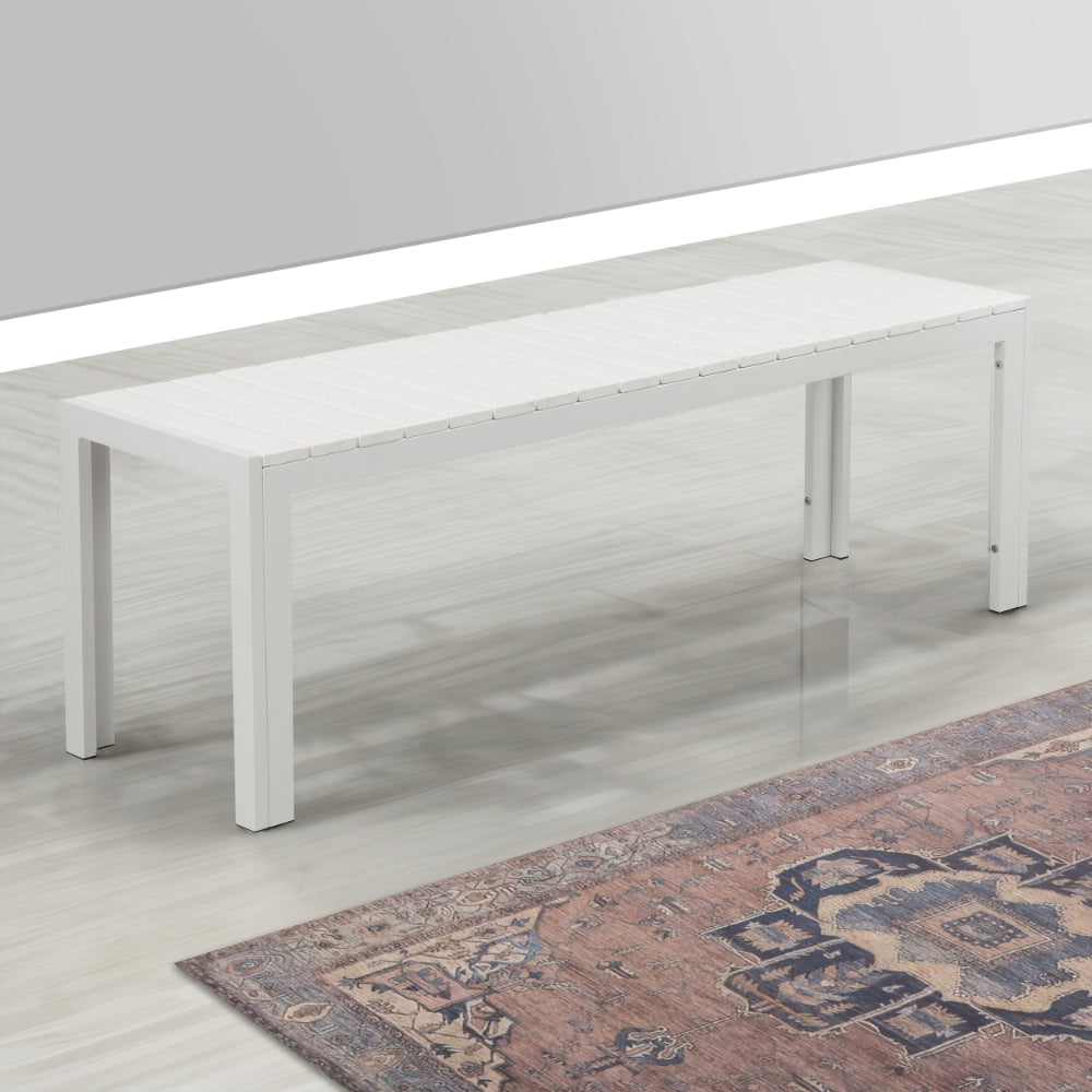 Benjara Theo 53 Inch Outdoor Bench, White Aluminum Frame, Plank