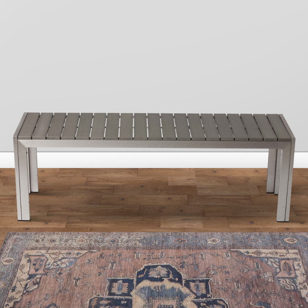 benzara Theo 53 Inch Outdoor Bench Gray Aluminum Frame Plank Style Seat Surface - BM287726