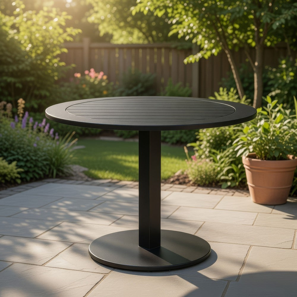 Keli 35 Inch Round Dining Table, Black Aluminum Frame, Foldable Design - BM287780