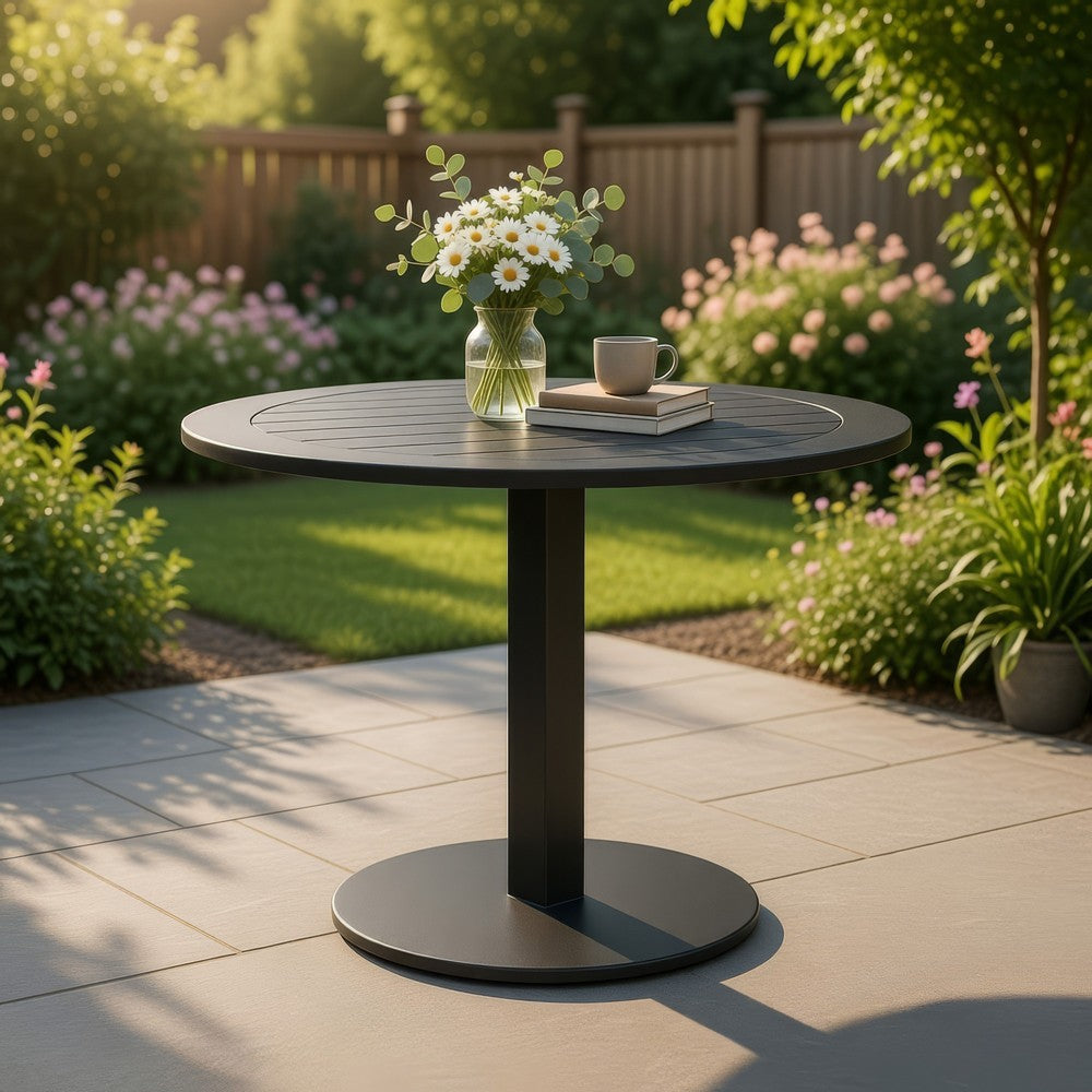 Keli 35 Inch Round Dining Table, Black Aluminum Frame, Foldable Design - BM287780