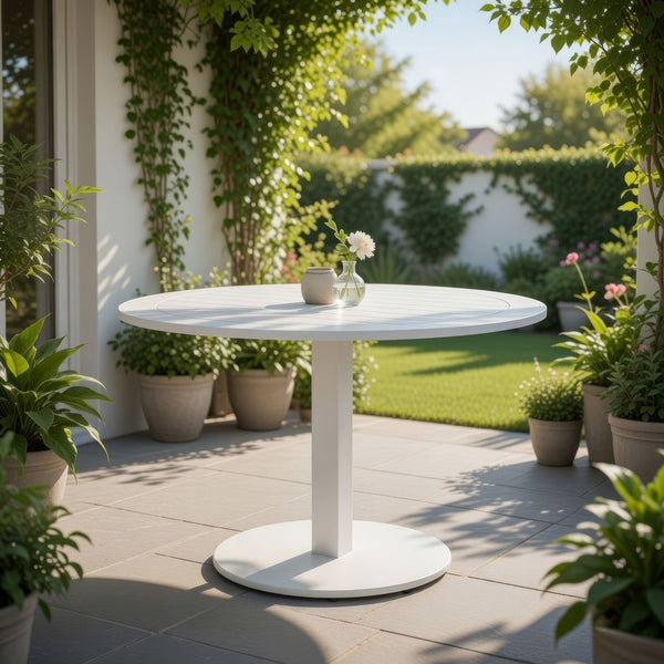 Keli 35 Inch Round Dining Table, White Aluminum Frame, Foldable Design - BM287782