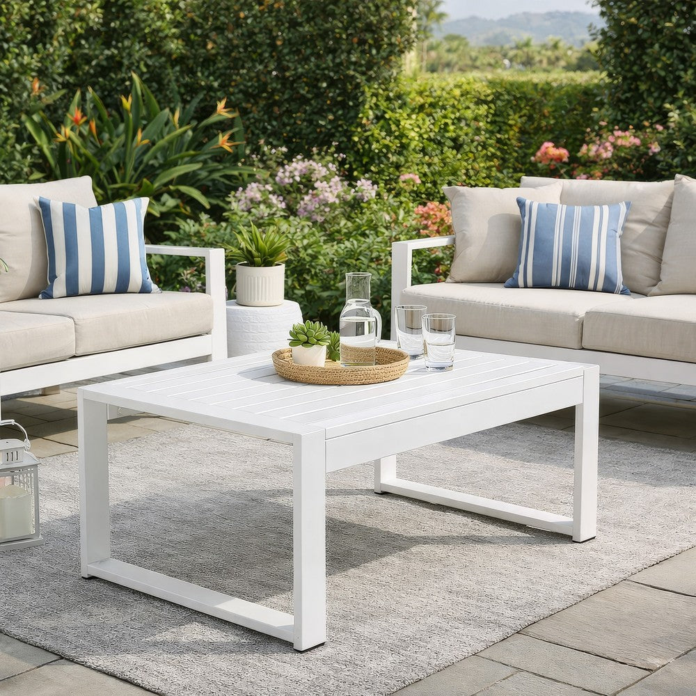 Lark 35 Inch Outdoor Coffee Table, White Aluminum Frame, Polyresin Top - BM287801