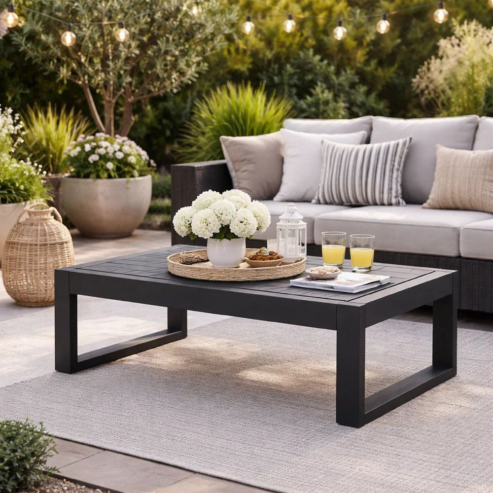 Kili 35 Inch Coffee Table, Polyresin Surface, Jet Black Aluminum Frame - BM287846