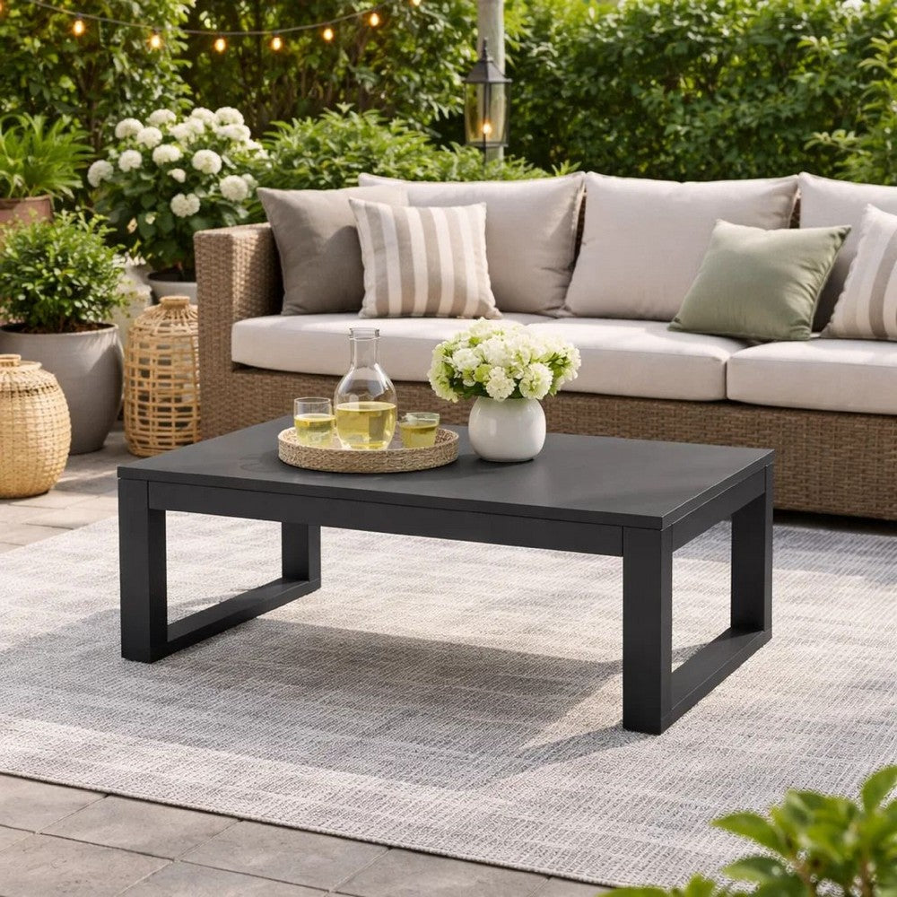Kili 35 Inch Coffee Table, Polyresin Surface, Jet Black Aluminum Frame - BM287846