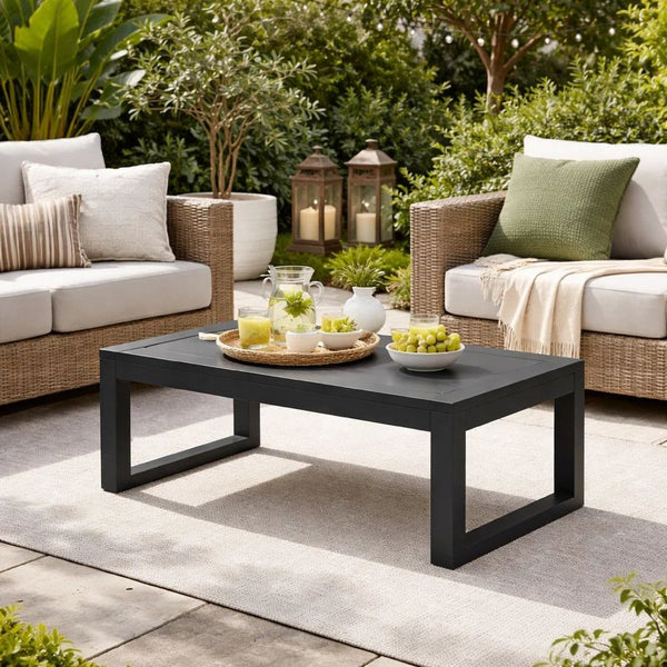 Kili 35 Inch Coffee Table, Polyresin Surface, Jet Black Aluminum Frame - BM287846