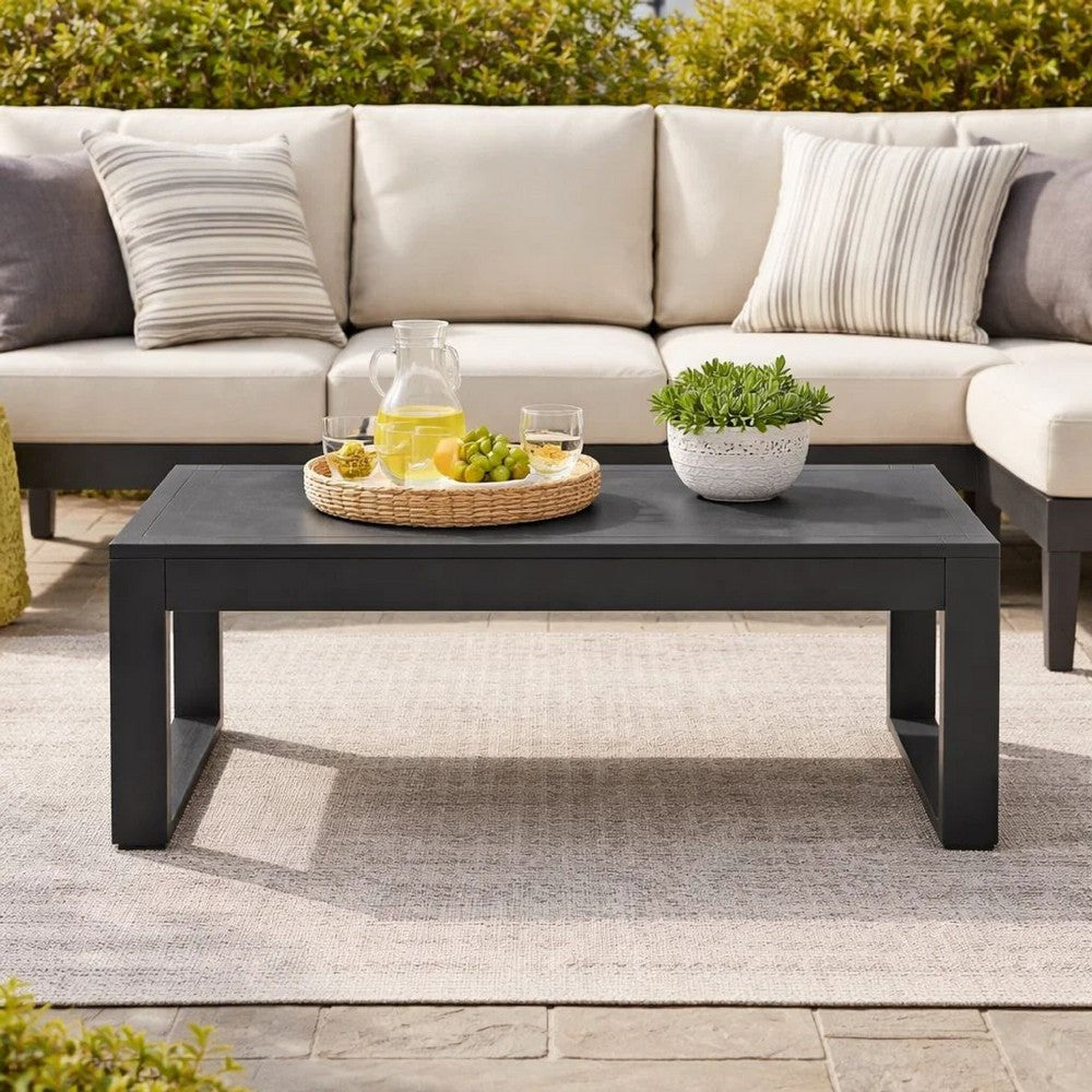 Kili 35 Inch Coffee Table, Polyresin Surface, Jet Black Aluminum Frame - BM287846