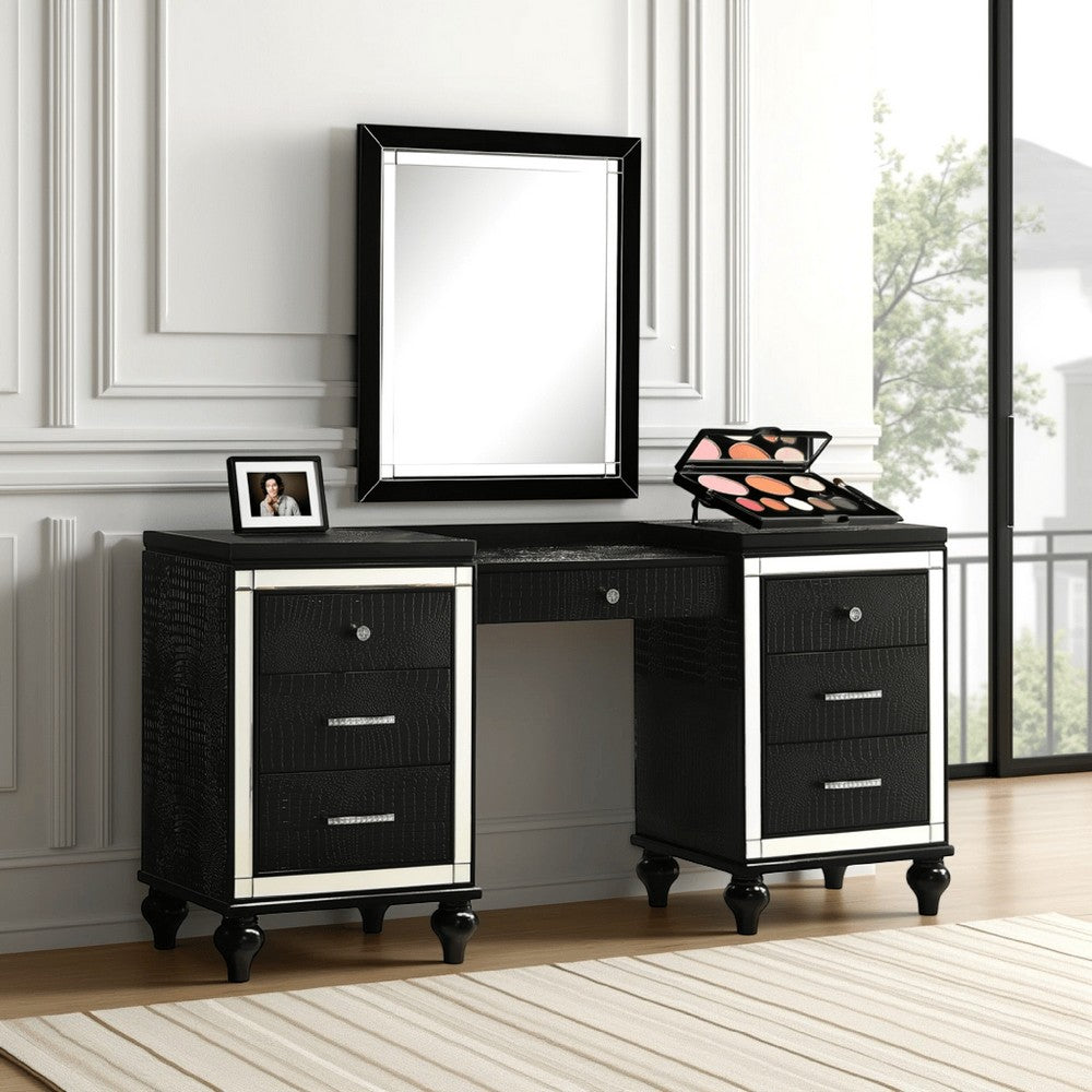 Kya 64 Inch Vanity Dresser Table with 7 Drawers, Mirrored Trim, Glam Black - BM287976