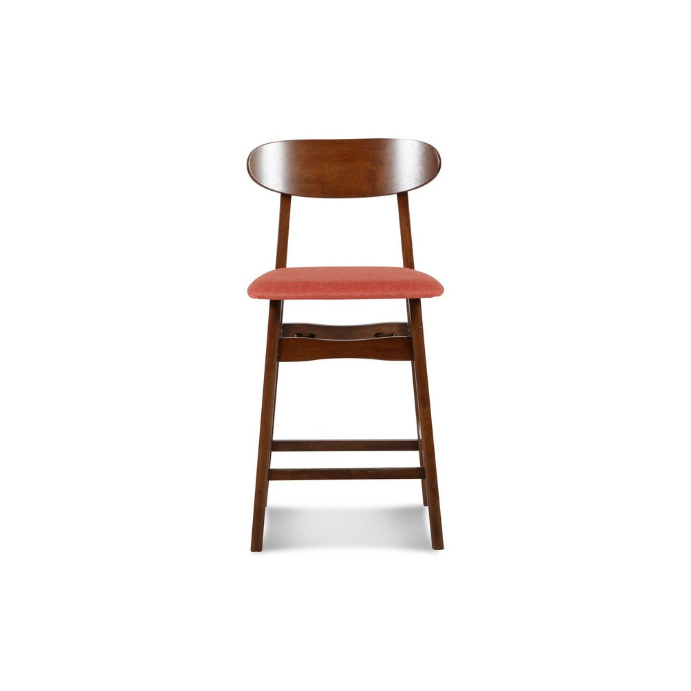 Bev 24 Inch Set of 2 Counter Stools, Orange Cushions, Dark Brown Rubberwood - BM288015