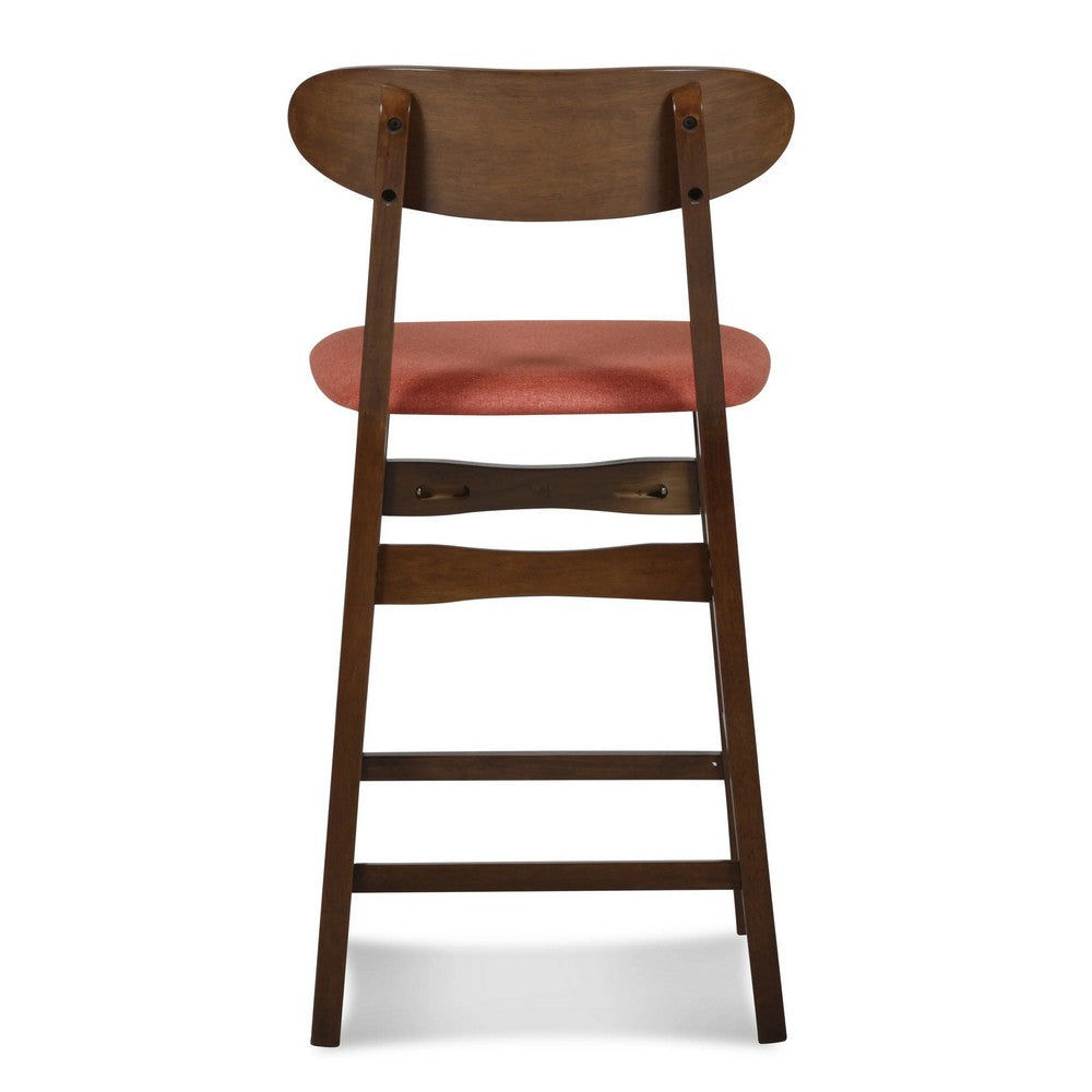 Bev 24 Inch Set of 2 Counter Stools, Orange Cushions, Dark Brown Rubberwood - BM288015