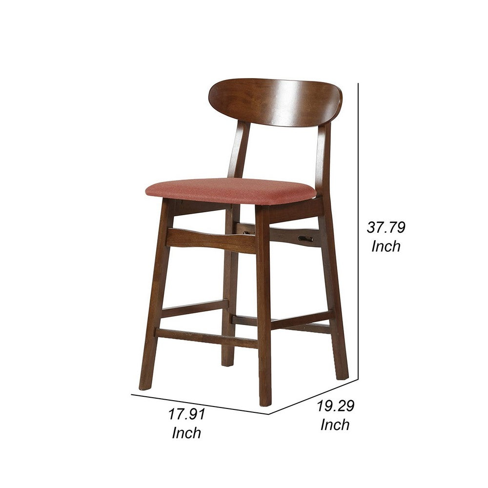 Bev 24 Inch Set of 2 Counter Stools, Orange Cushions, Dark Brown Rubberwood - BM288015