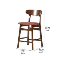 Bev 24 Inch Set of 2 Counter Stools, Orange Cushions, Dark Brown Rubberwood - BM288015