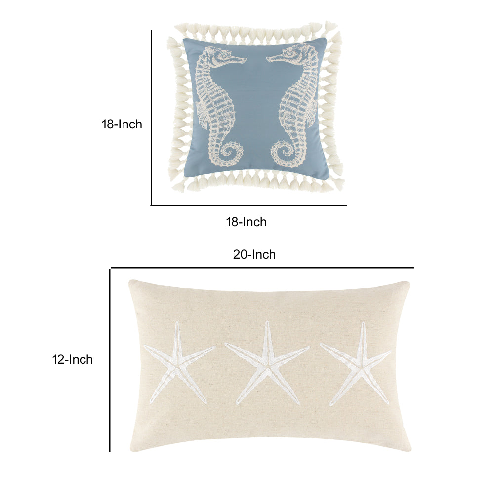 Set of 2 Decorative Throw Pillows, Seahorse and Starfish Polyester, Tassels - BM293141