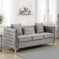 Joel 73 Inch Modern Sofa with 3 Pillows, Tufted Gray Velvet, Silver Legs - BM293150
