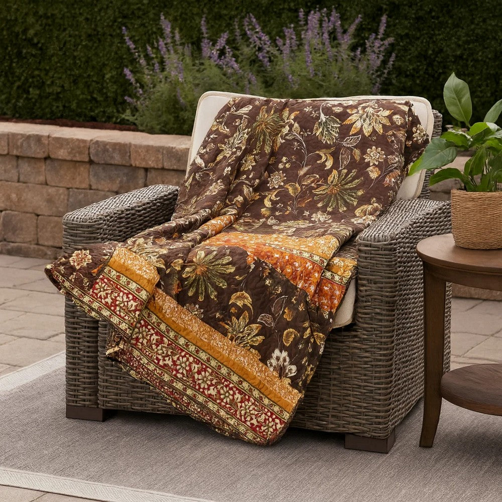 Athens 60 Inch Throw Blanket, Chocolate Brown Polyester, Jacobean Print - BM293199