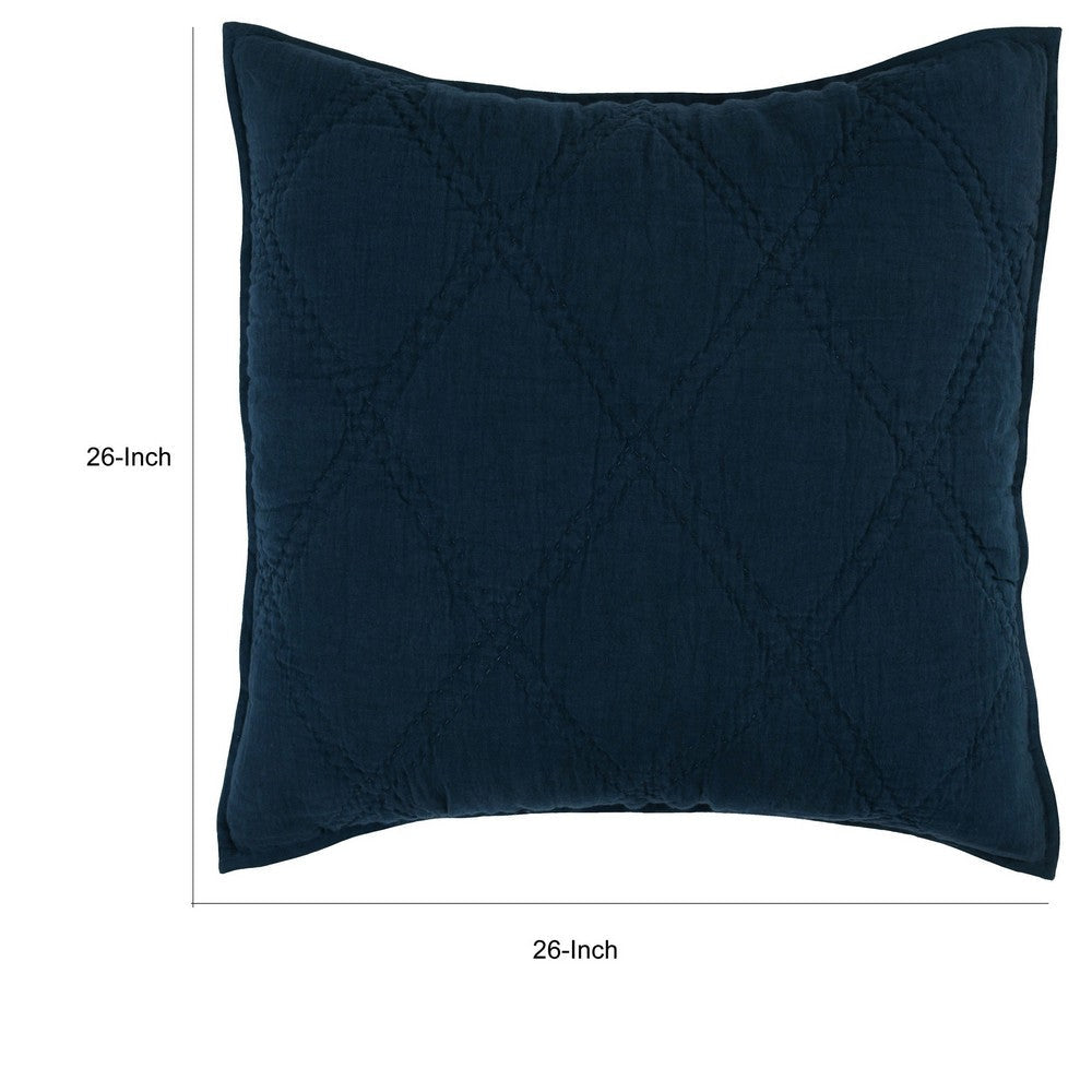 Hara 26 Inch Hand Quilted Euro Pillow Sham with Polyester Fill, Dark Blue By Casagear Home