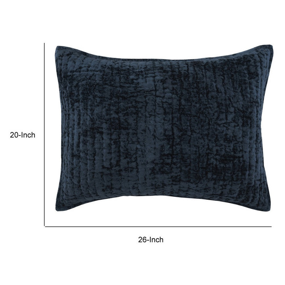 Lipa 20 x 26 Hand Stitched Standard Pillow Sham, Rayon Velvet, Quilted Blue By Casagear Home