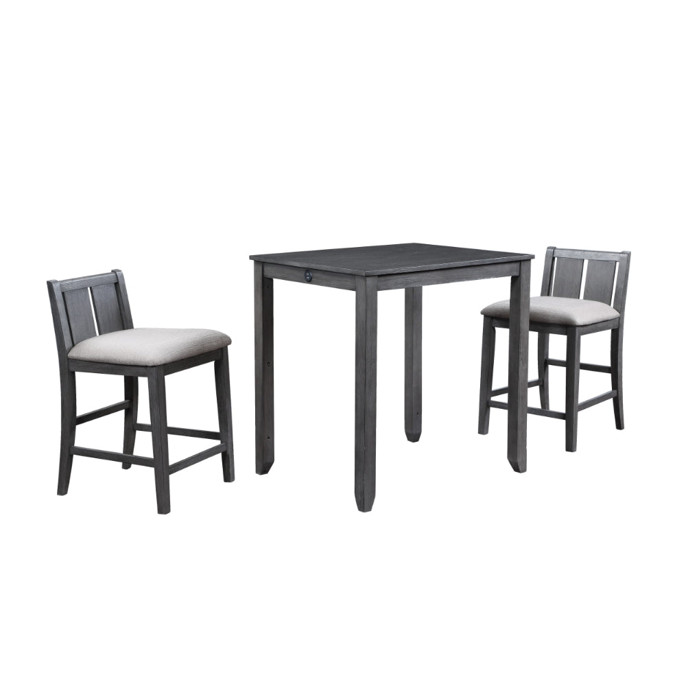 Hia 3 Piece Counter Table Set, Cushioned Seats, 2 Shelves, Smooth Gray - BM293302