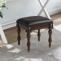 Mady 19 Inch Upholstered Vanity Stool, Ornate Trim, Deep Espresso Brown - BM293337