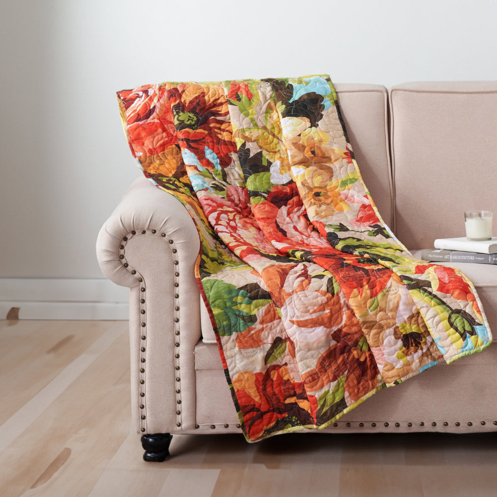 Benjara Dahl 50 x 60 Quilted Floral Throw Blanket with Polyester