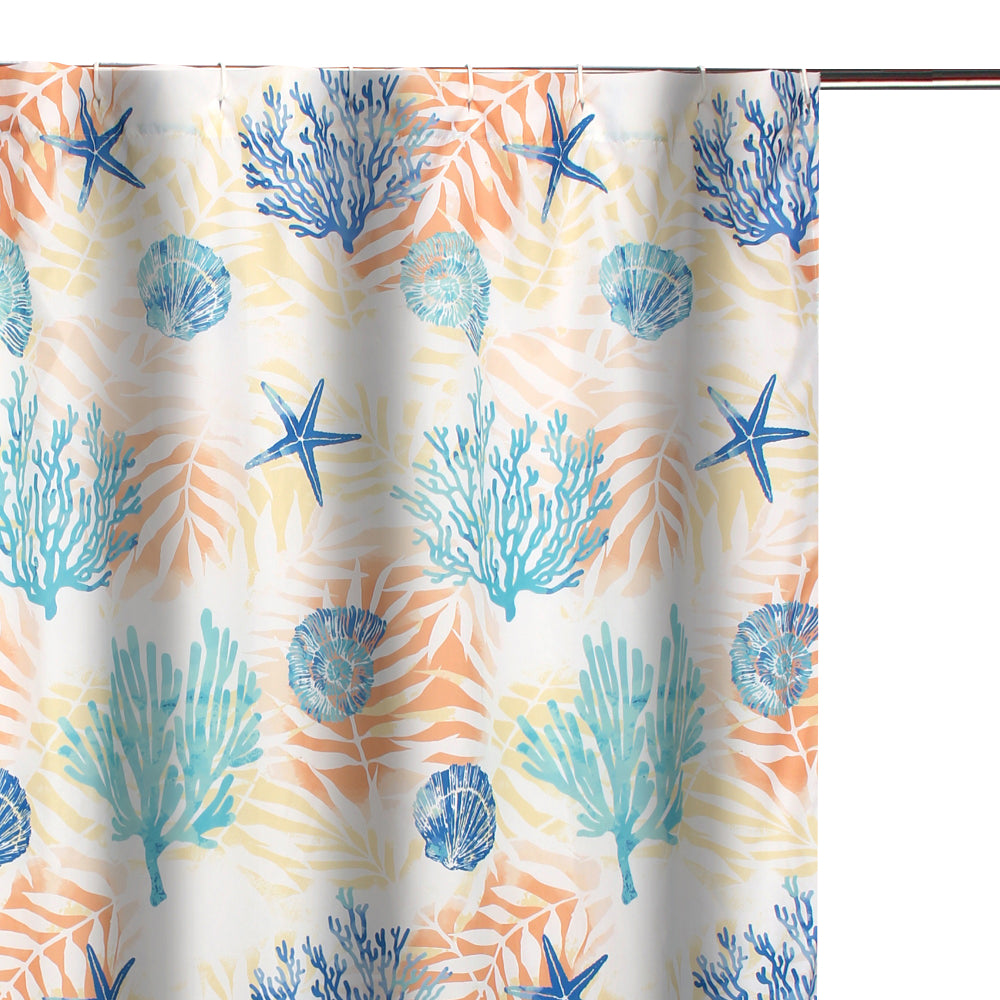 Geo 72 Inch Shower Curtain, White Blue Polyester, Seashells and Ferns Print - BM293438