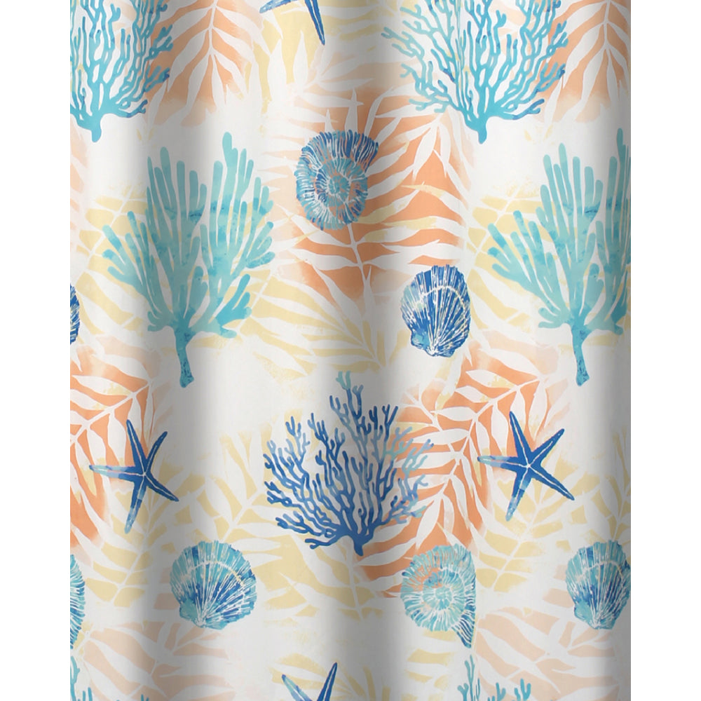 Geo 72 Inch Shower Curtain, White Blue Polyester, Seashells and Ferns Print - BM293438