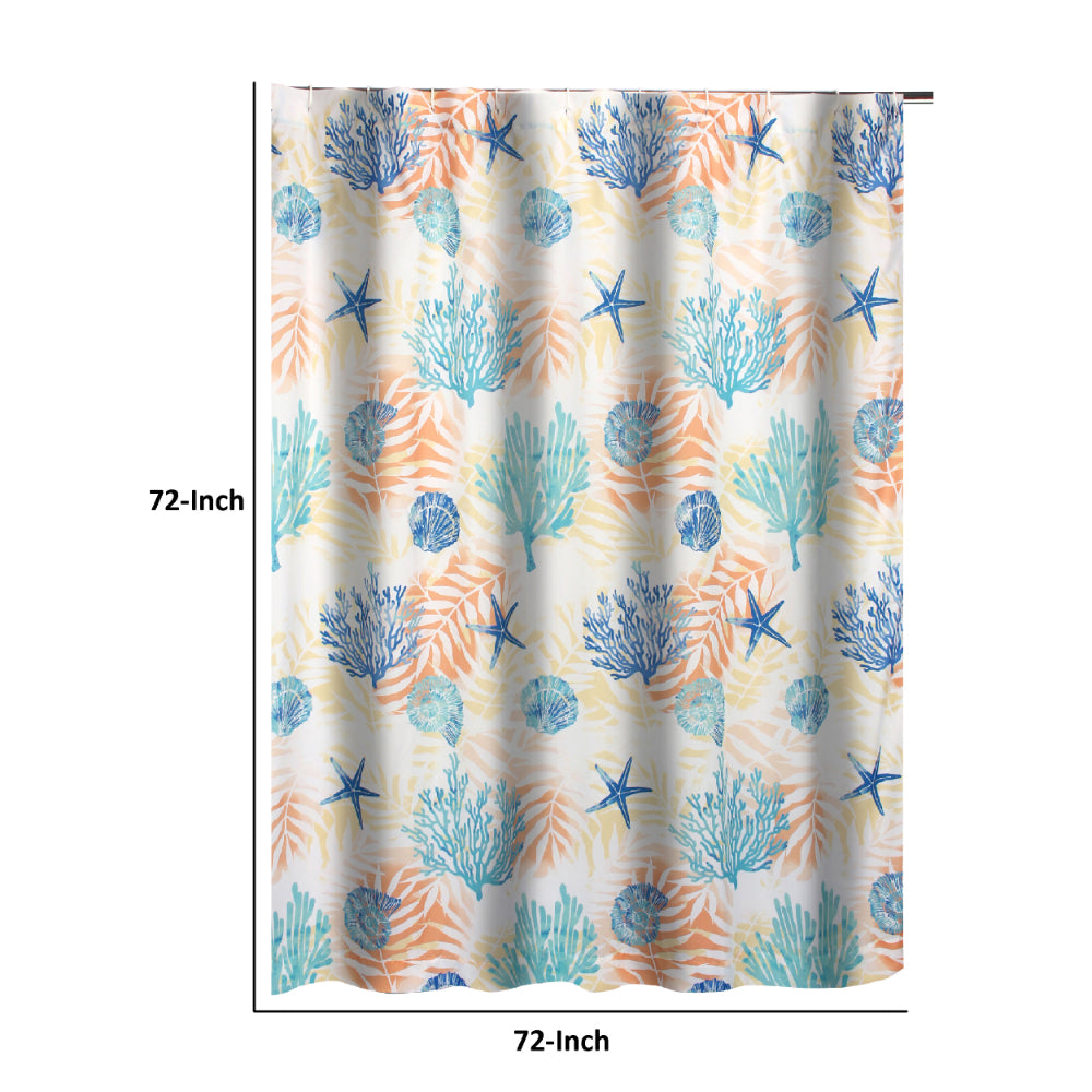 Geo 72 Inch Shower Curtain, White Blue Polyester, Seashells and Ferns Print - BM293438