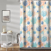 Geo 72 Inch Shower Curtain, White Blue Polyester, Seashells and Ferns Print - BM293438