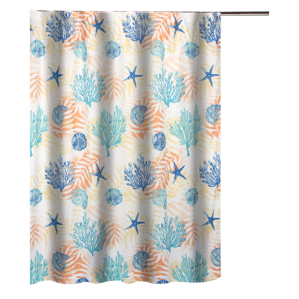 Geo 72 Inch Shower Curtain, White Blue Polyester, Seashells and Ferns Print - BM293438