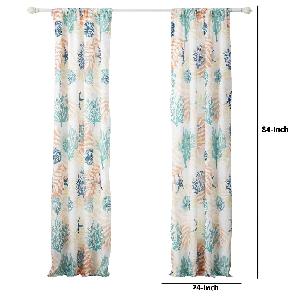 Geo 84 Inch Window Curtains, White Blue Polyester, Seashells Ferns Print - BM293439