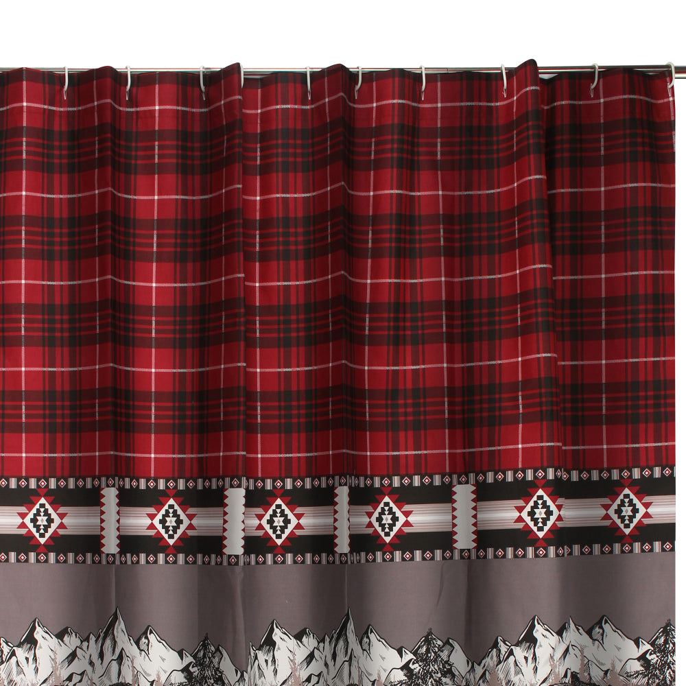 Sofia 72 Inch Bear Shower Curtain, Red and Black Plaid, Poly Microfiber - BM293440