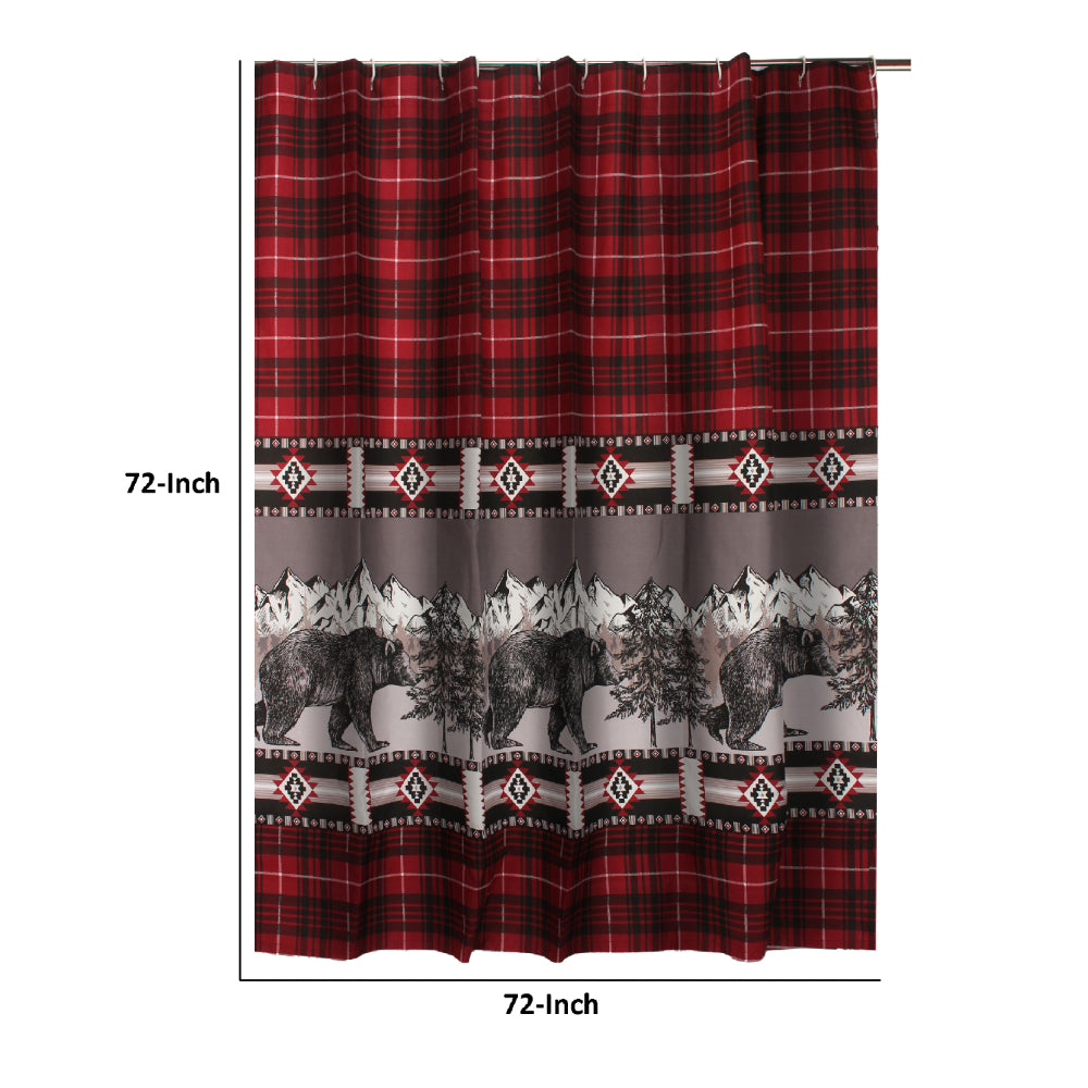 Sofia 72 Inch Bear Shower Curtain, Red and Black Plaid, Poly Microfiber - BM293440