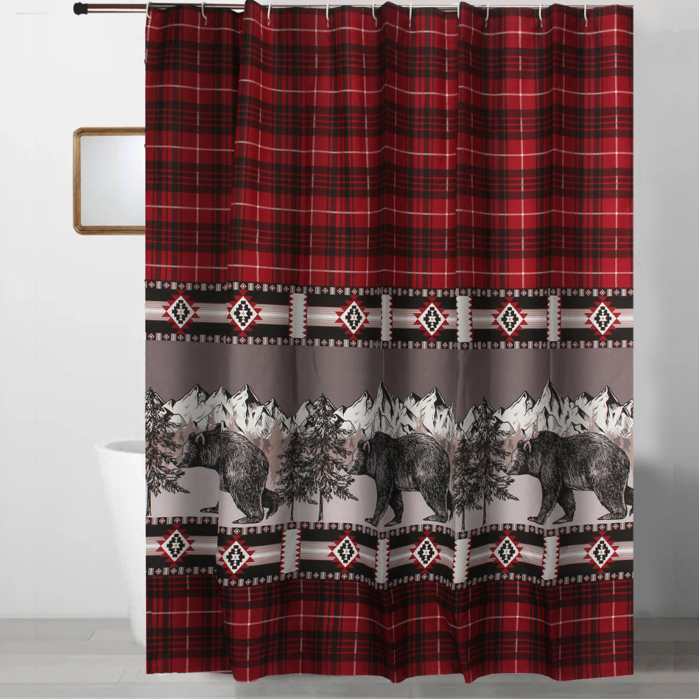 Sofia 72 Inch Bear Shower Curtain, Red and Black Plaid, Poly Microfiber - BM293440