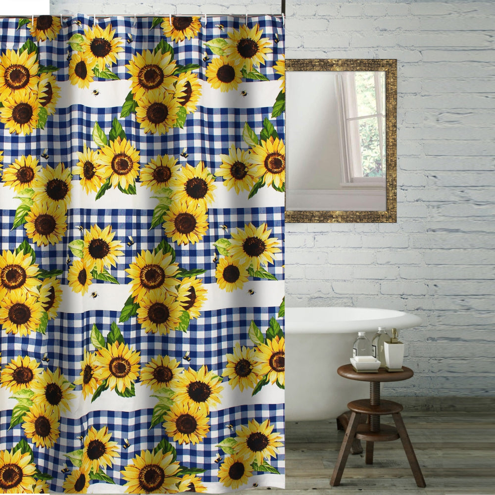 Oslo 72 Inch Shower Curtain, Yellow Sunflower Plaid Print, Button Holes - BM293442