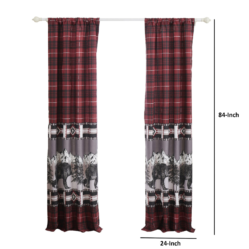 Sofia 84 Inch Bear Panel Curtains, Poly Microfiber, Red and Black Plaid - BM293445