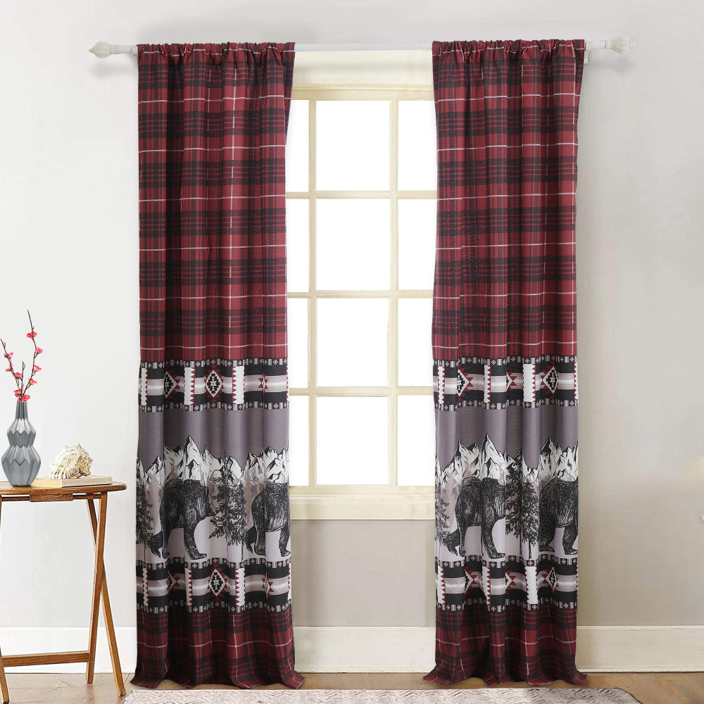 Sofia 84 Inch Bear Panel Curtains, Poly Microfiber, Red and Black Plaid - BM293445