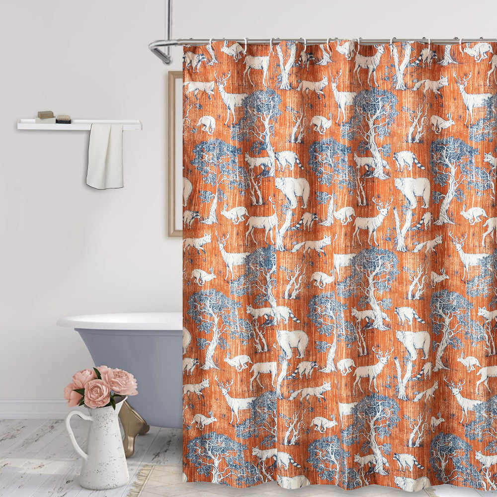 Gin 72 Inch Shower Curtain, Fun Deer and Bears Print, Orange Microfiber - BM293452