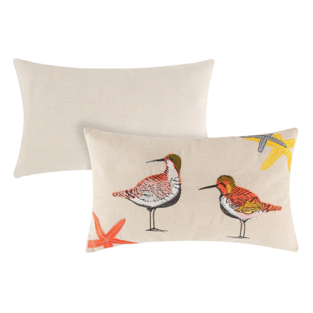 Vira 20 Inch Throw Pillow, Hand Embroidered Shorebirds, Canvas and Linen - BM293457