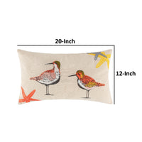 Vira 20 Inch Throw Pillow, Hand Embroidered Shorebirds, Canvas and Linen - BM293457