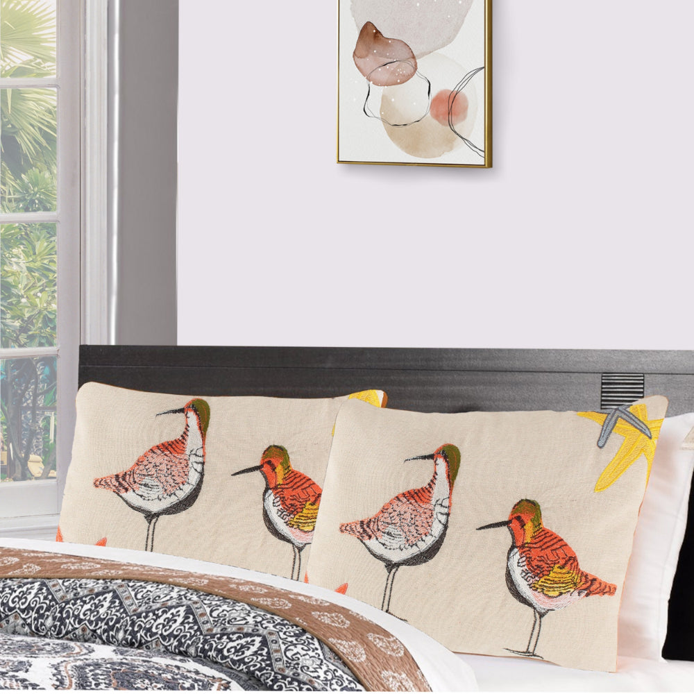 Vira 20 Inch Throw Pillow, Hand Embroidered Shorebirds, Canvas and Linen - BM293457