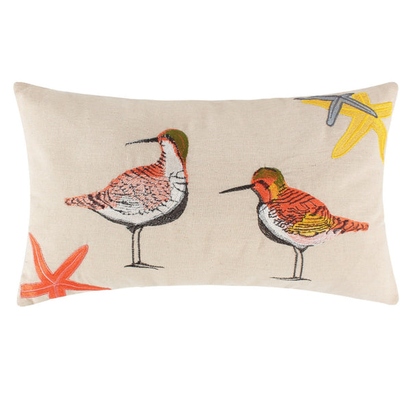 Vira 20 Inch Throw Pillow, Hand Embroidered Shorebirds, Canvas and Linen - BM293457