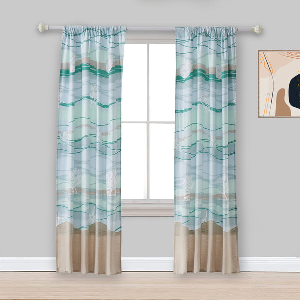 Vira 63 Inch Window Curtains, Ocean Waves and Sand Print, Rod Pockets - BM293458