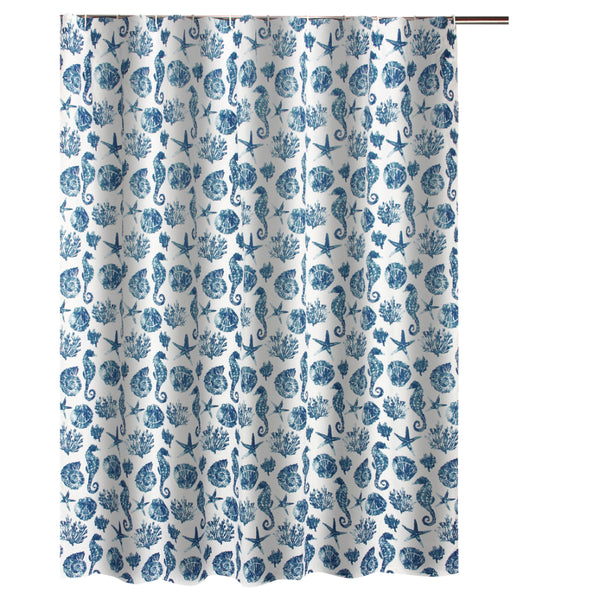 Riga 72 Inch Shower Curtain, Blue Seashells Print, Button Holes, Microfiber - BM293486