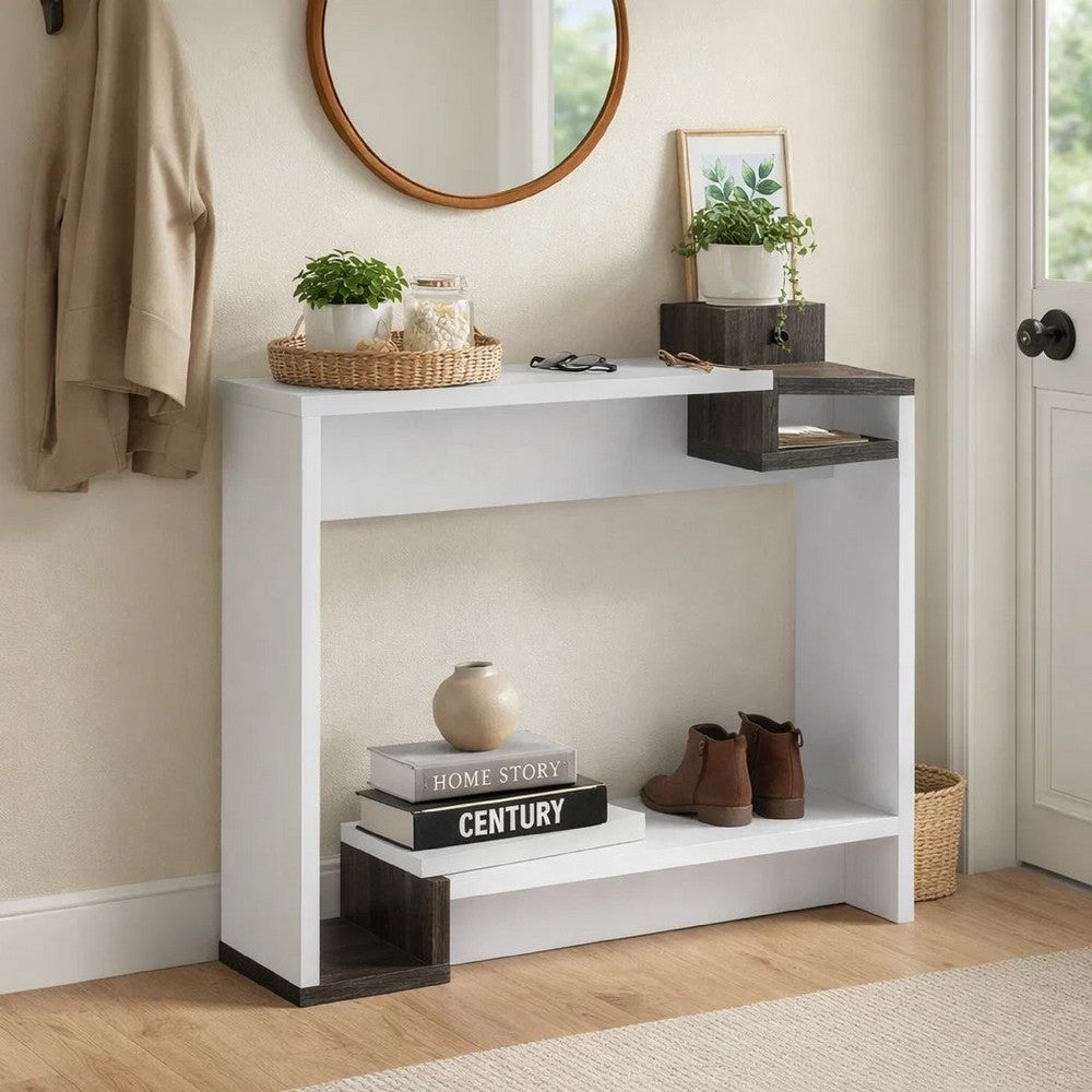 36 Inch Modern Console Table, Multilevel Wood Shelves, Gray and White - BM293544