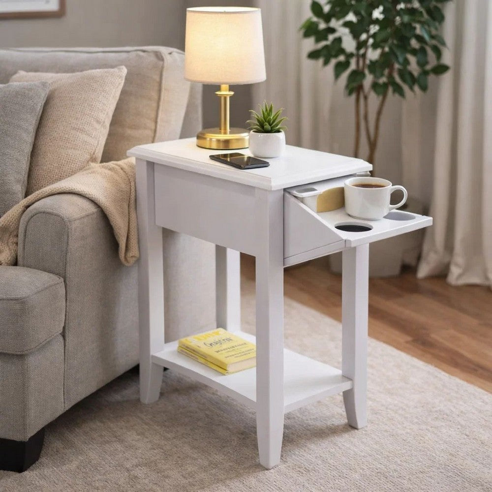 24 Inch Modern Chairside Table with Extendable Drawer and Cupholders, White - BM293578