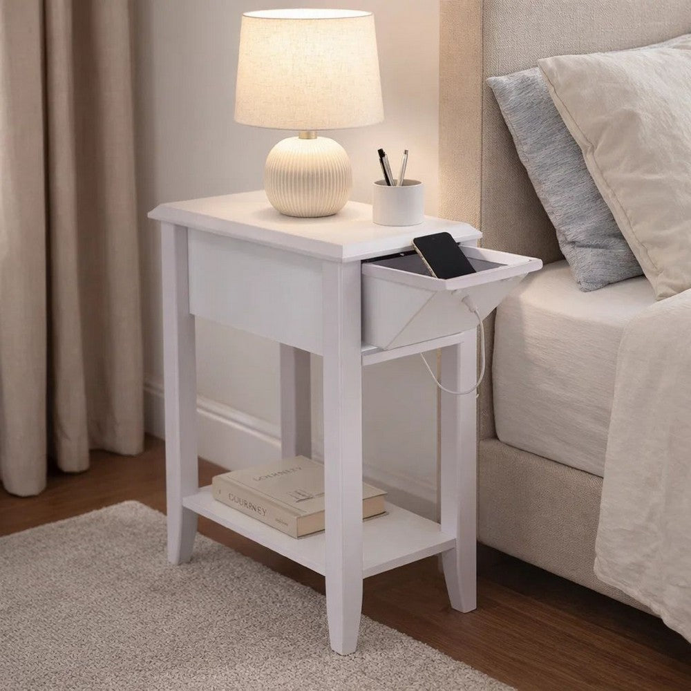 24 Inch Modern Chairside Table with Extendable Drawer and Cupholders, White - BM293578