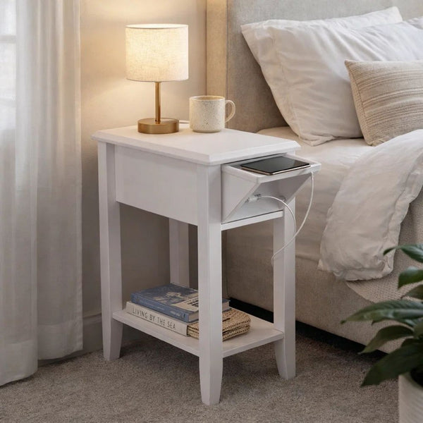 24 Inch Modern Chairside Table with Extendable Drawer and Cupholders, White - BM293578