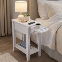 24 Inch Modern Chairside Table with Extendable Drawer and Cupholders, White - BM293578