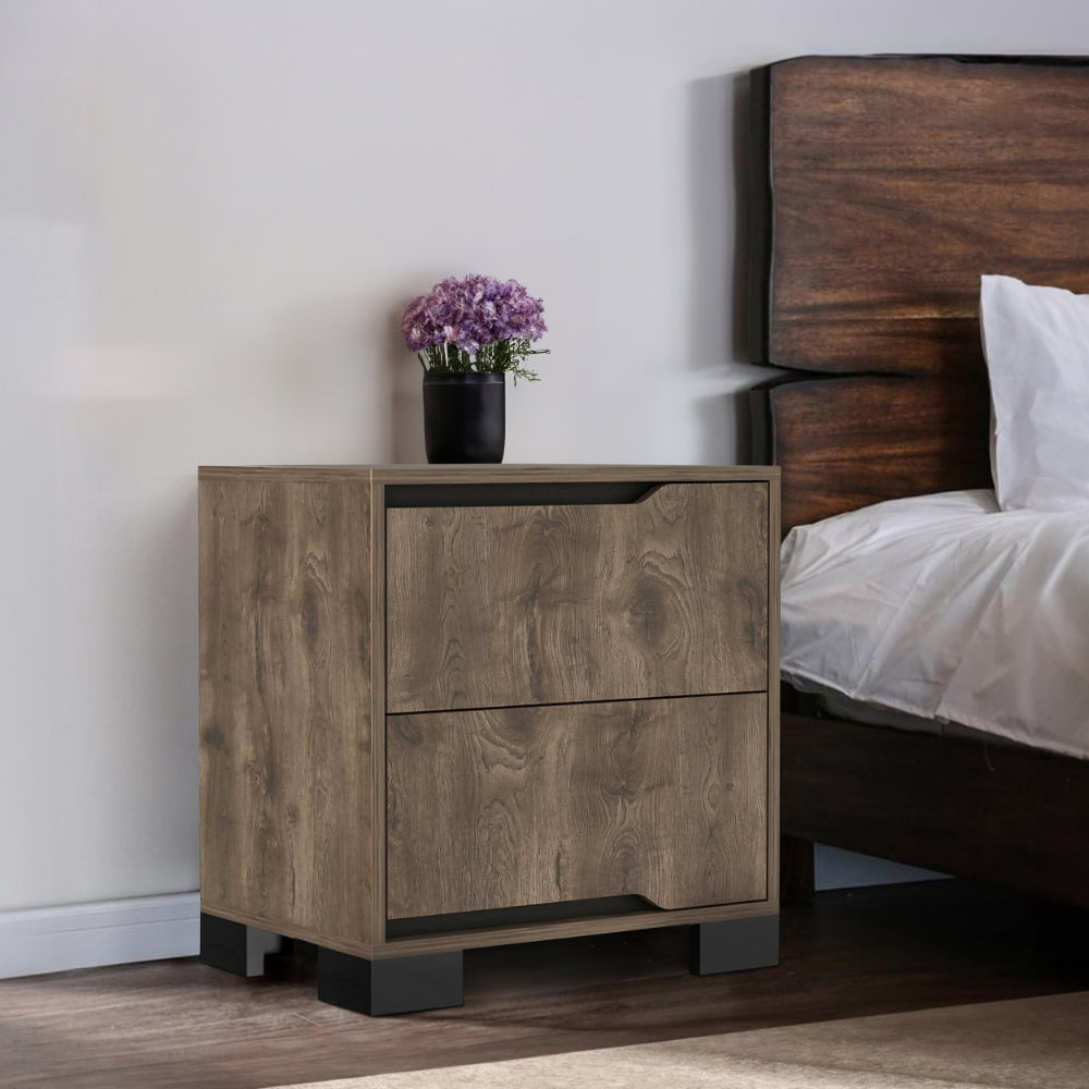 Elbe 33 Inch Modern Nightstand, 2 Gliding Drawers, Dark Oak Veneer Finish - BM293750