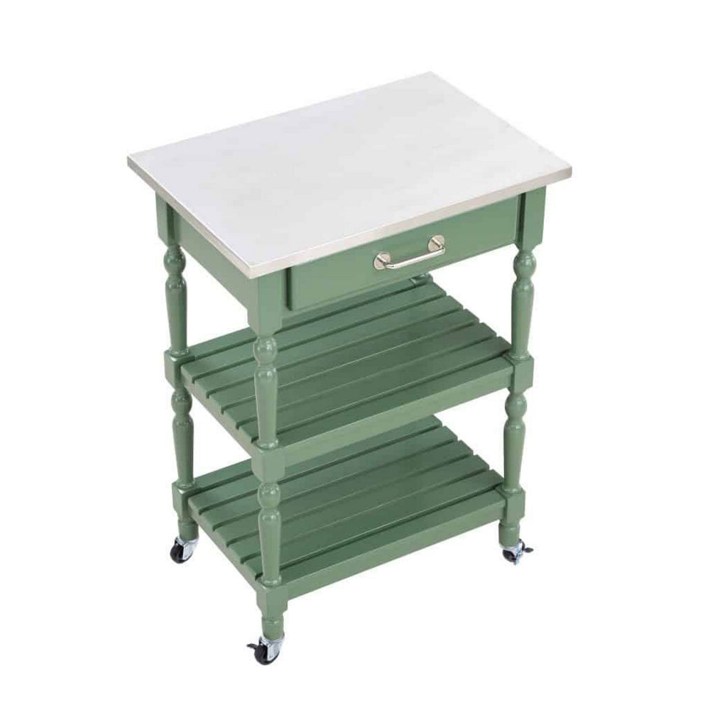 Irvin 33 Inch Kitchen Cart with Drawer and Shelves, Locking Wheels, Green - BM293806