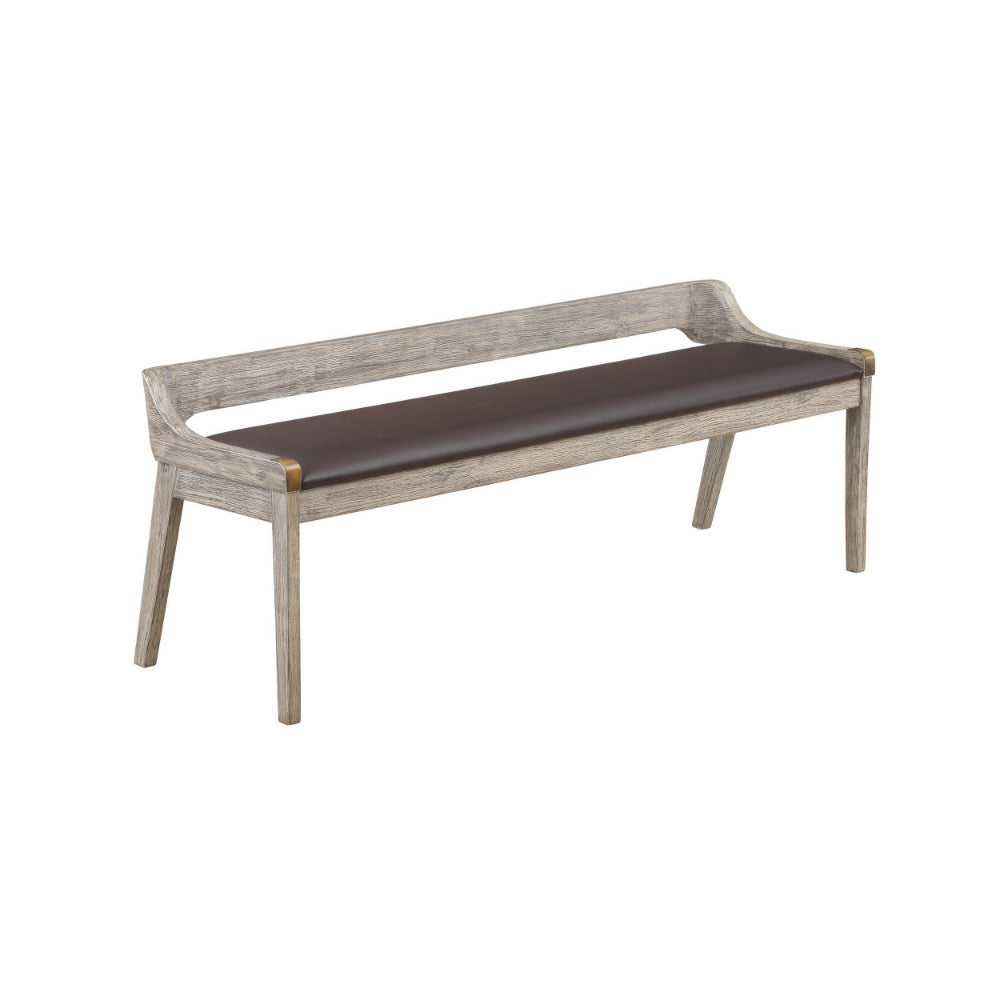 Kit 60 Inch Modern Dining Bench, Padded Seat, Curved Open Back, Gray, Brown - BM293823